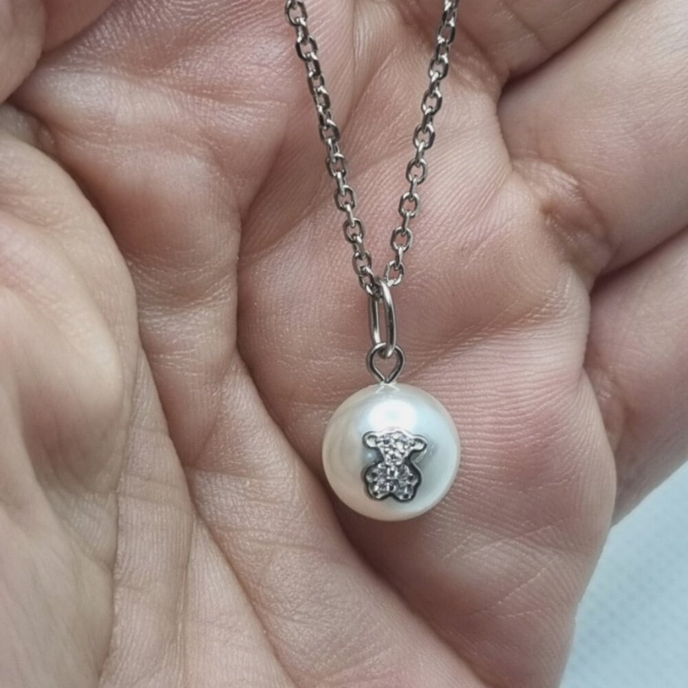 Tous Sterling Silver Puppies Necklace with Cubic Zirconia and Pearl